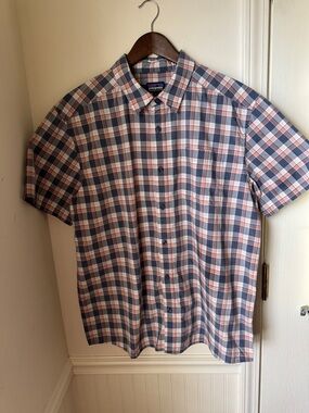 Patagonia Men's Blue and Pink Worn Wear Plaid Shirt Size Large
